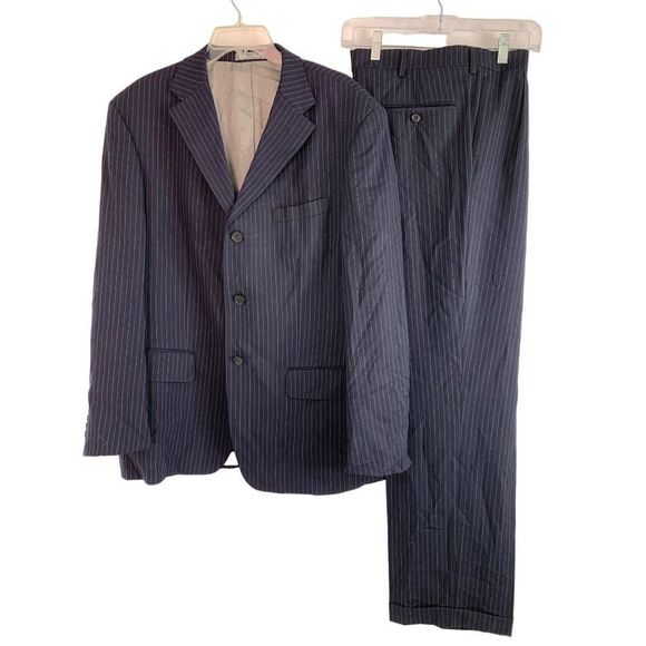 Mens Oscar De La Renta Navy Wool Pinstripe Suit Sz 42R coat / 36 Pants 6237